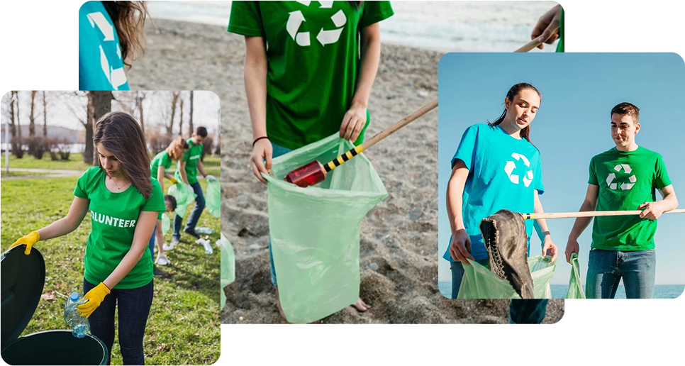 Kolaż złożony z trzech zdjęć przedstawiających młodych wolontariuszy w zielonych i niebieskich koszulkach z symbolami recyklingu. Z lewej strony: kobieta w koszulce "VOLUNTEER" wrzuca plastikową butelkę do kosza. W centrum: osoba zbiera śmieci (czerwoną butelkę) do worka na plaży. Z prawej strony: para wolontariuszy używa kijów do zbierania odpadów do worków na plaży lub w parku. Kolaż symbolizuje zaangażowanie w ochronę środowiska i recykling w różnych miejscach.