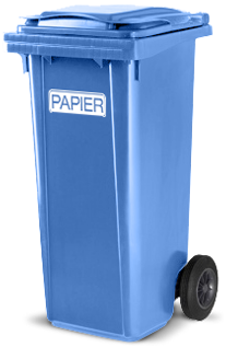 Niebieski, plastikowy kosz na śmieci na kółkach (pojemnik na odpady), przeznaczony do segregacji papieru i tektury. Na froncie pojemnika widoczna jest biała etykieta z napisem "PAPIER". Jest to standardowy element systemu segregacji odpadów w Polsce.