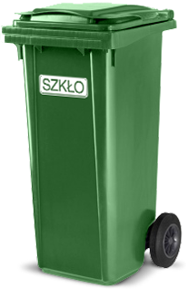 iemnozielony, plastikowy kosz na śmieci na kółkach, przeznaczony do segregacji odpadów szklanych. Na froncie pojemnika widoczna jest biała etykieta z napisem "SZKŁO". Jest to standardowy pojemnik używany w polskim systemie gospodarowania odpadami.